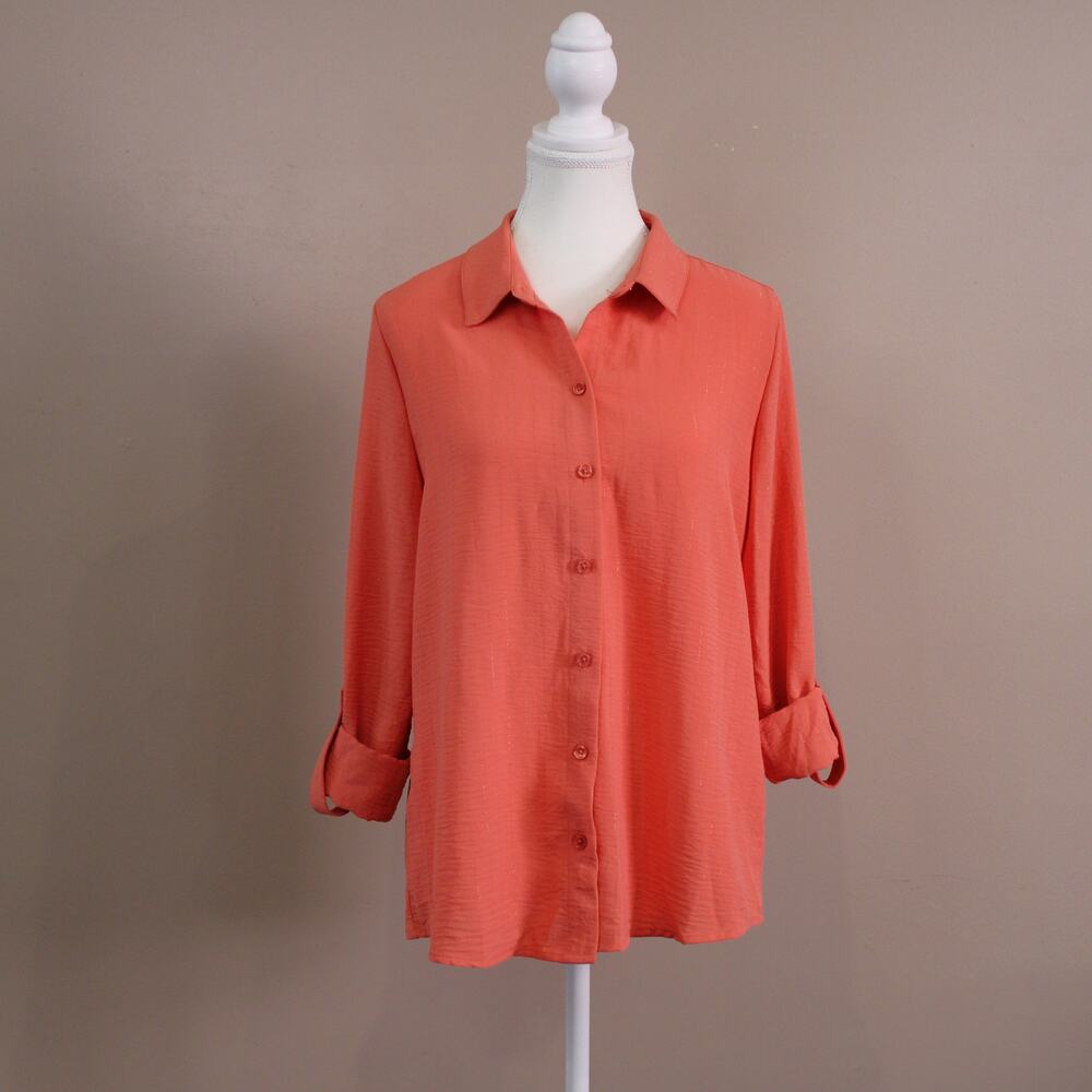 Como Black Women's Coral & Gold Thread Button Up Roll Tab sz M
